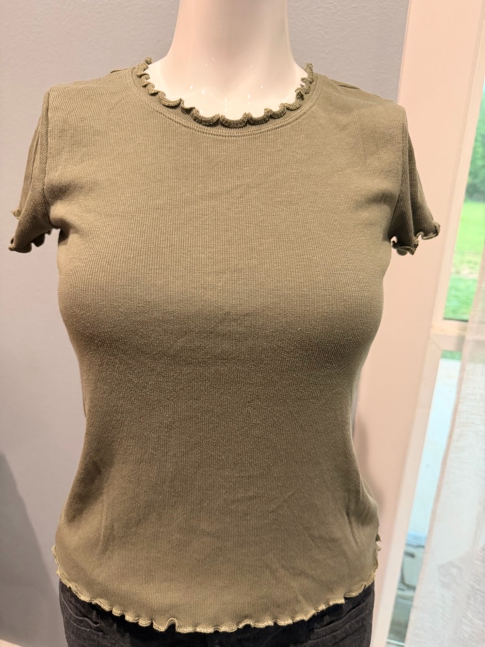C&C California Pima Cotton Olive Green Ruffle-Edge Short Sleeve Tee Made in Peru